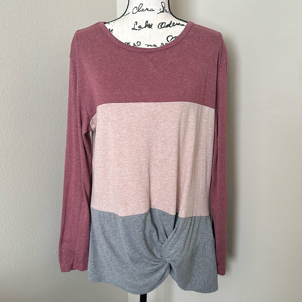 Women's Mauve Pink Gray Colorblock Long Sleeve Knit Round Neck Twist Top XL